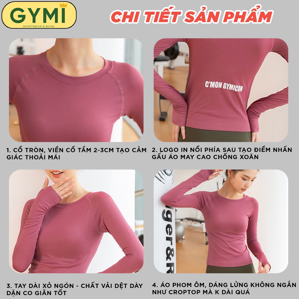 Áo tập gym yoga nữ dài tay GYMI AD18 dáng lửng thể thao logo C'mon Gymicon in sau lưng chất dệt cao cấp