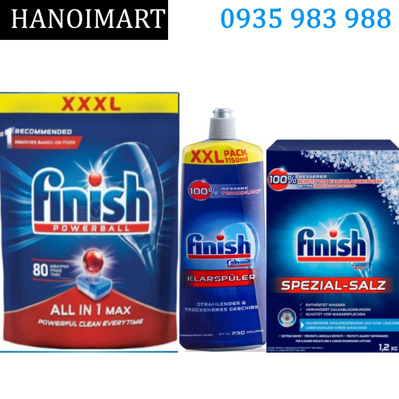 Combo 80 Viên rửa bát Finish all in 1  + Muối Finish 1.5kg + Nước làm bóng finish 1150ml