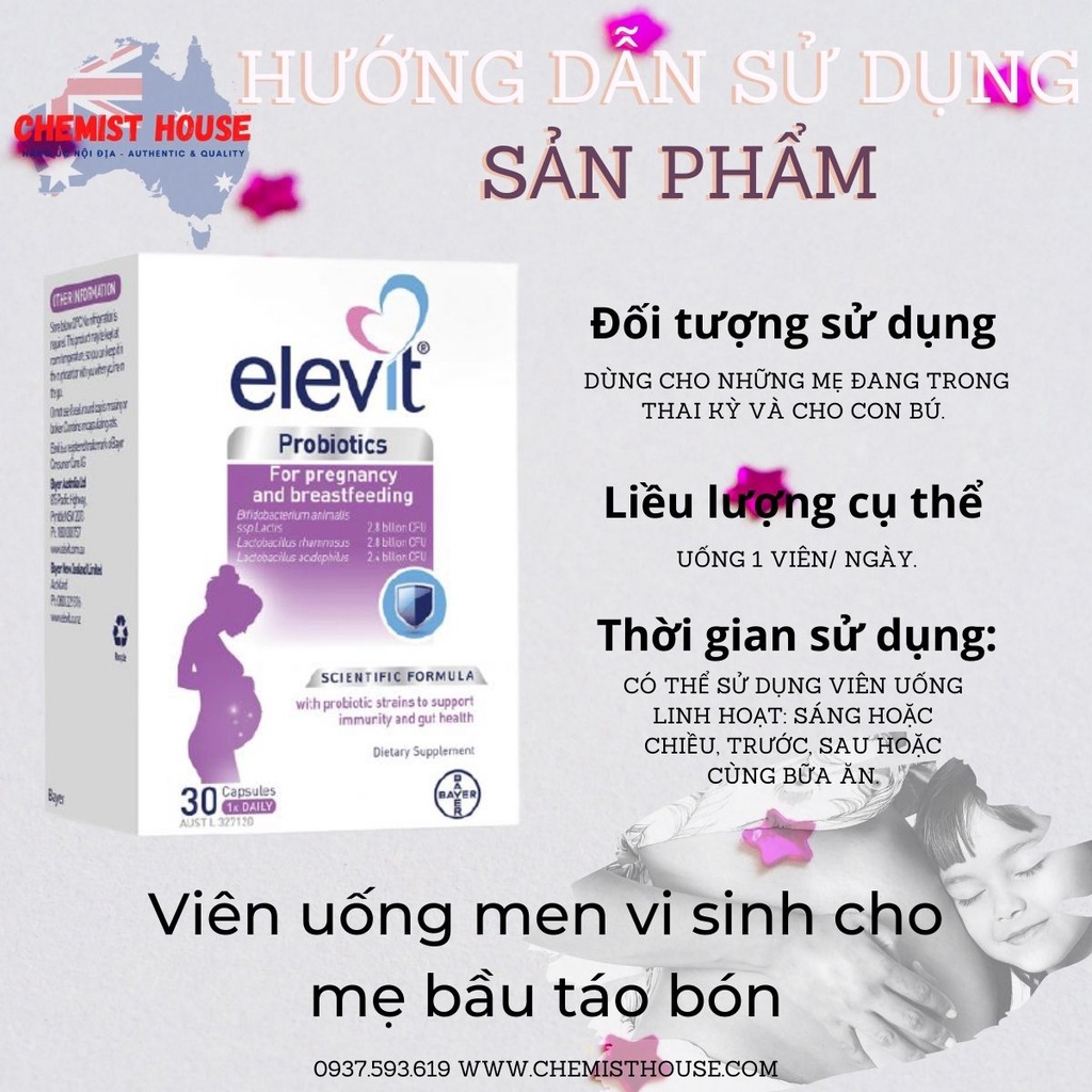 [Hàng Chuẩn ÚC] Elevit Probiotics For Pregnancy and Breastfeeding - Viên uống men vi sinh cho Mẹ bầu táo bón 30 viên