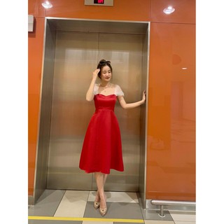 Váy trắng, đỏ, đen trễ vai lụa mango – đầm dự tiệc midi