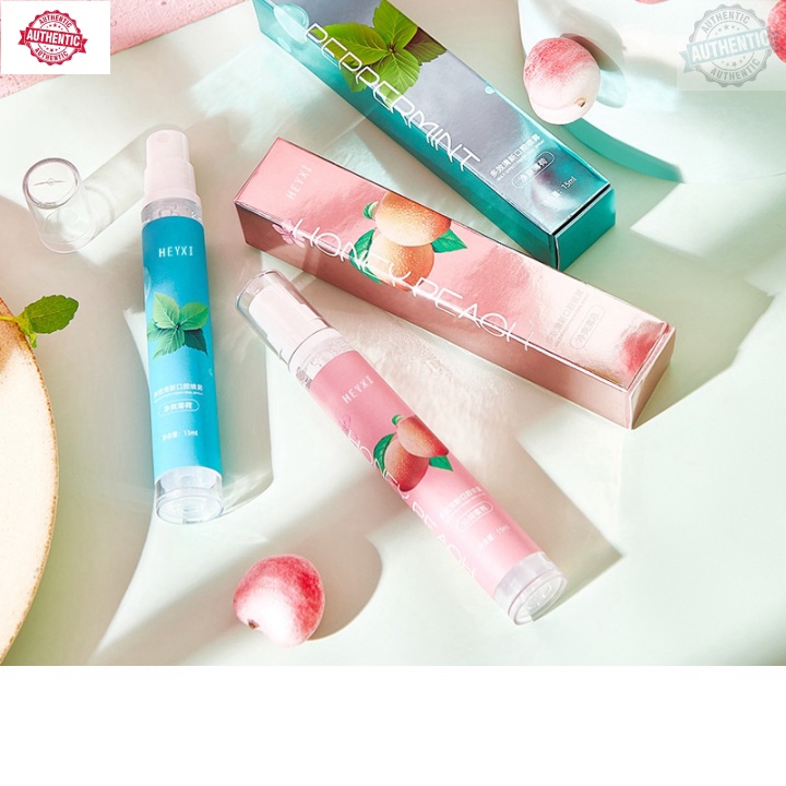 (Sỉ nahnh) Xịt Thơm Miệng Mẫu Mới Heyxi Chai Tròn 15ml Chiết Xuất Tự Nhiên Tinh Chất Bạc Hà Và Quả Đào Giúp Hơi Thở Thơ