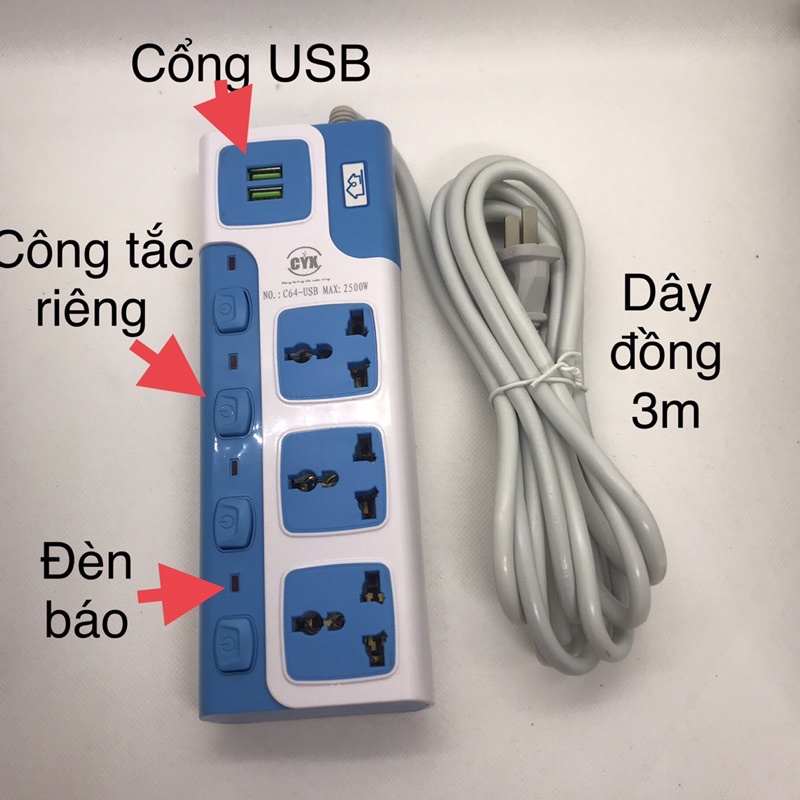 Ổ Cắm điện thông minh CYX-C64 USB đa chứcđặc biệt công tắc riêng cho từng cổng an toàn khi sử dụng.