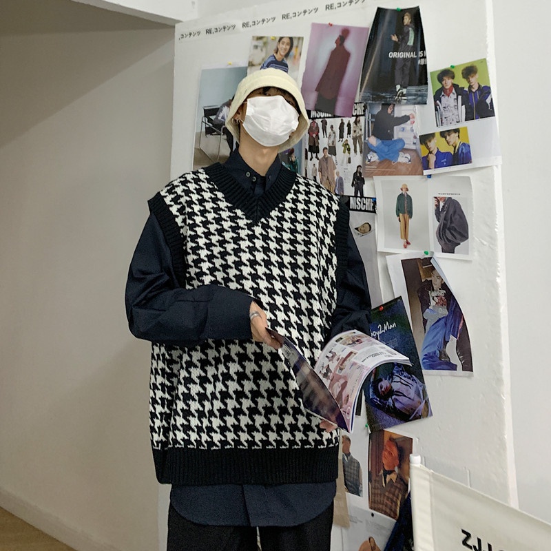 Áo len không tay cổ chữ V thiết kế dáng rộng phong cách Hàn Quốc thời trang xuân thu cho nam