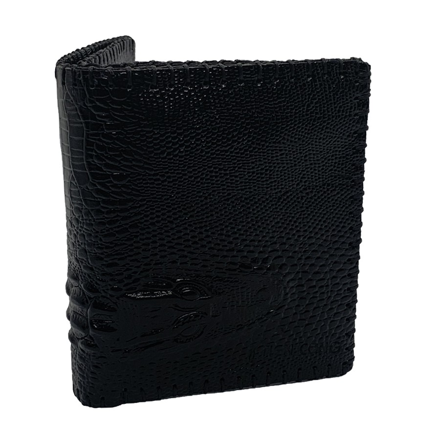 Ví Nam Đứng Da Bò Dập Vân Cá Sấu May Viền Tiến Công Màu Đen - TCN1043