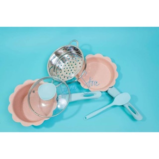 Set nồi nấu ăn dặm 1 NỒI + 1 CHẢO + 1 xửng hấp+ muỗng silicon, MẶT TRONG NỒI VÂN ĐÁ CAO CẤP