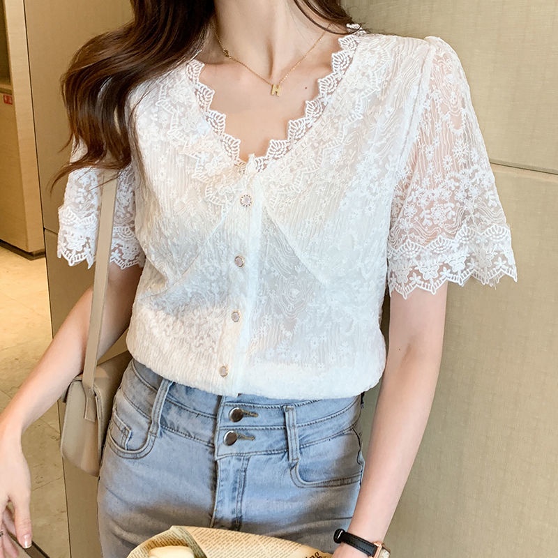 Áo Sơ Mi chiffon Ngắn Tay Phối Ren Cổ Chữ V Thiết Kế Mới Thời Trang Mùa Hè Cho Nữ