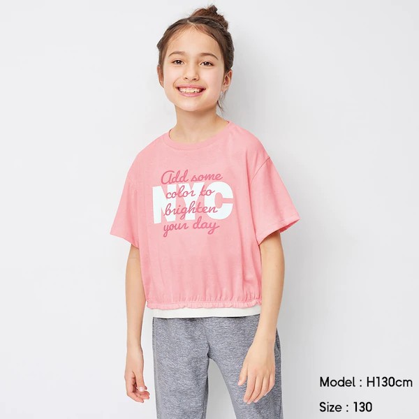 (GU Nhật chính hãng) Kid - Áo thun cổ tròn ngắn tay dáng lửng chun eo NYC