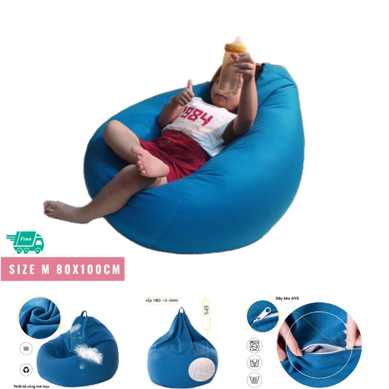 Ghế Lười Hạt Xốp 3ii Home Hình Trái Lê Cao Cấp Màu Xanh Dương Size M 80x100cm