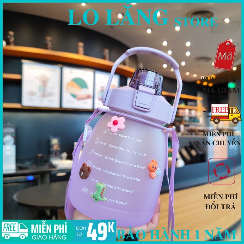 Bình đựng nước béo 1300ml dễ thương chia vạch báo giờ nhắc uống nước tặng dây đeo chéo có ống hút tiện lợi cao cấp