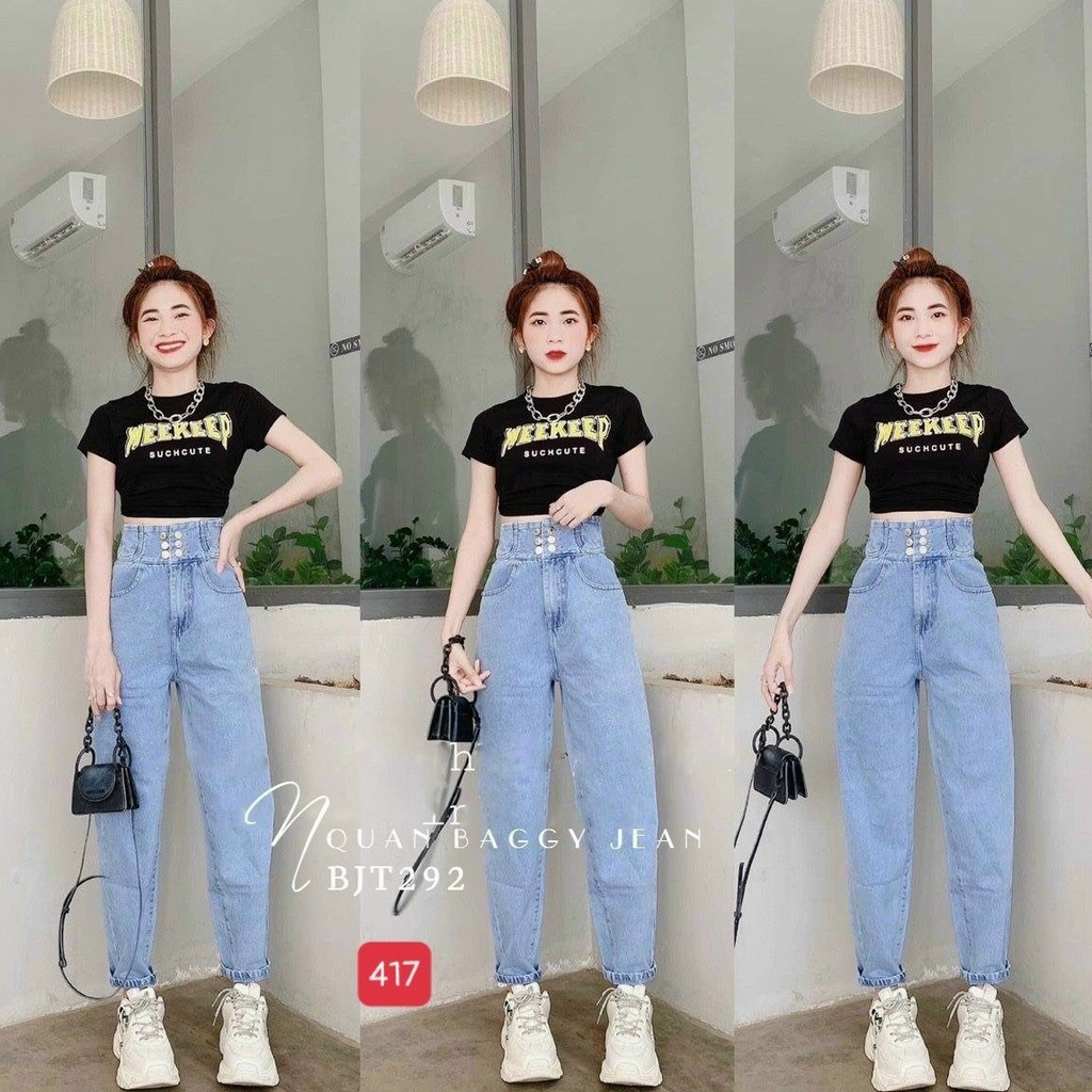 Quần baggy nữ đẹp muradfashion màu xanh chất jeans không giãn, hoạt tiết rách BG
