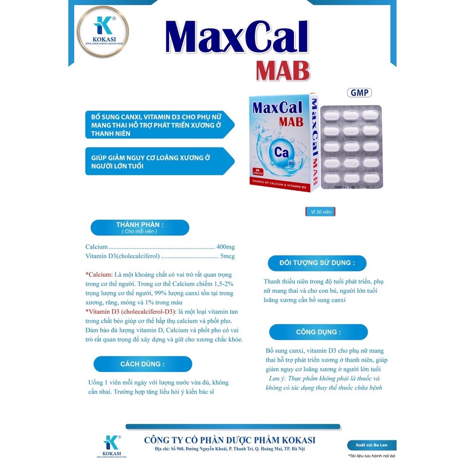 MAXCAL MAB - Bổ sung canxi, vitamin D3 cho phụ nữ mang thai , hỗ trợ phát triển xương khỏe mạnh