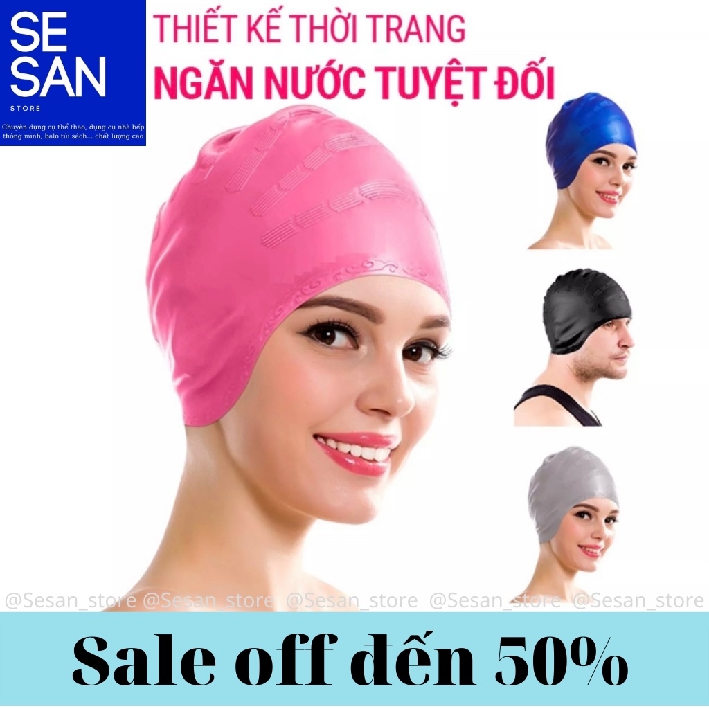 Nón bơi, Mũ bơi TRÙM TAI, chất liệu silicone đàn hồi LOẠI CAO CẤP, thiết kế thời trang SS010 SESAN