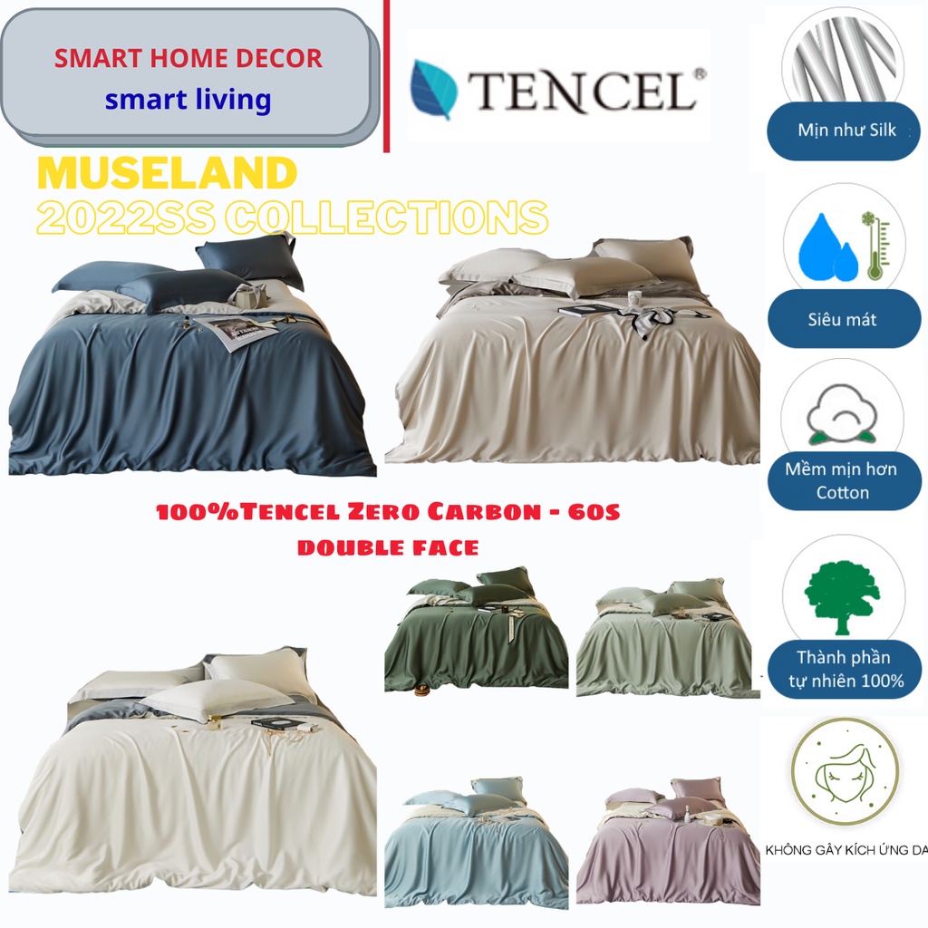 Bộ chăn ga gối trơn phối 2 màu, 100%Tencel 60s 5 món, Chất liêu siêu mềm mát,  Các màu hot nhất 2023SS