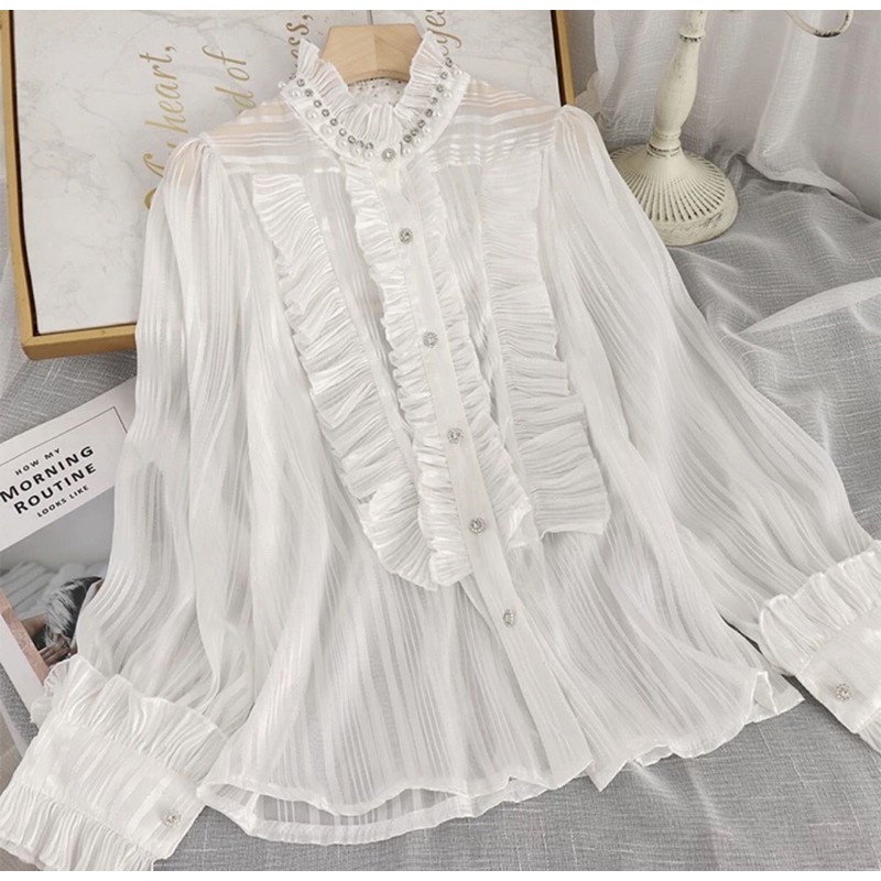 [HÀNG ORDER] Áo sơ mi voan organza cổ tròn bèo đính ngọc tiểu thư Quảng Châu