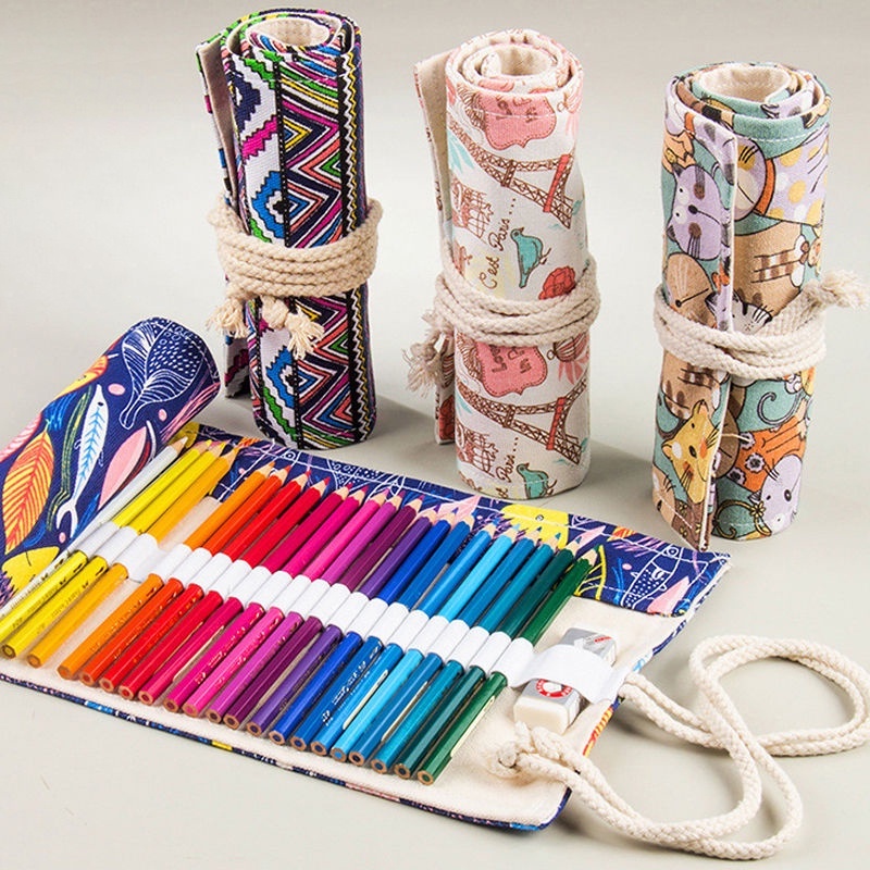 Túi Đựng Bút Chì/Cọ Vẽ dạng Cuộn 12 / 24 / 36 ngăn Bằng Vải Canvas Tiện Dụng