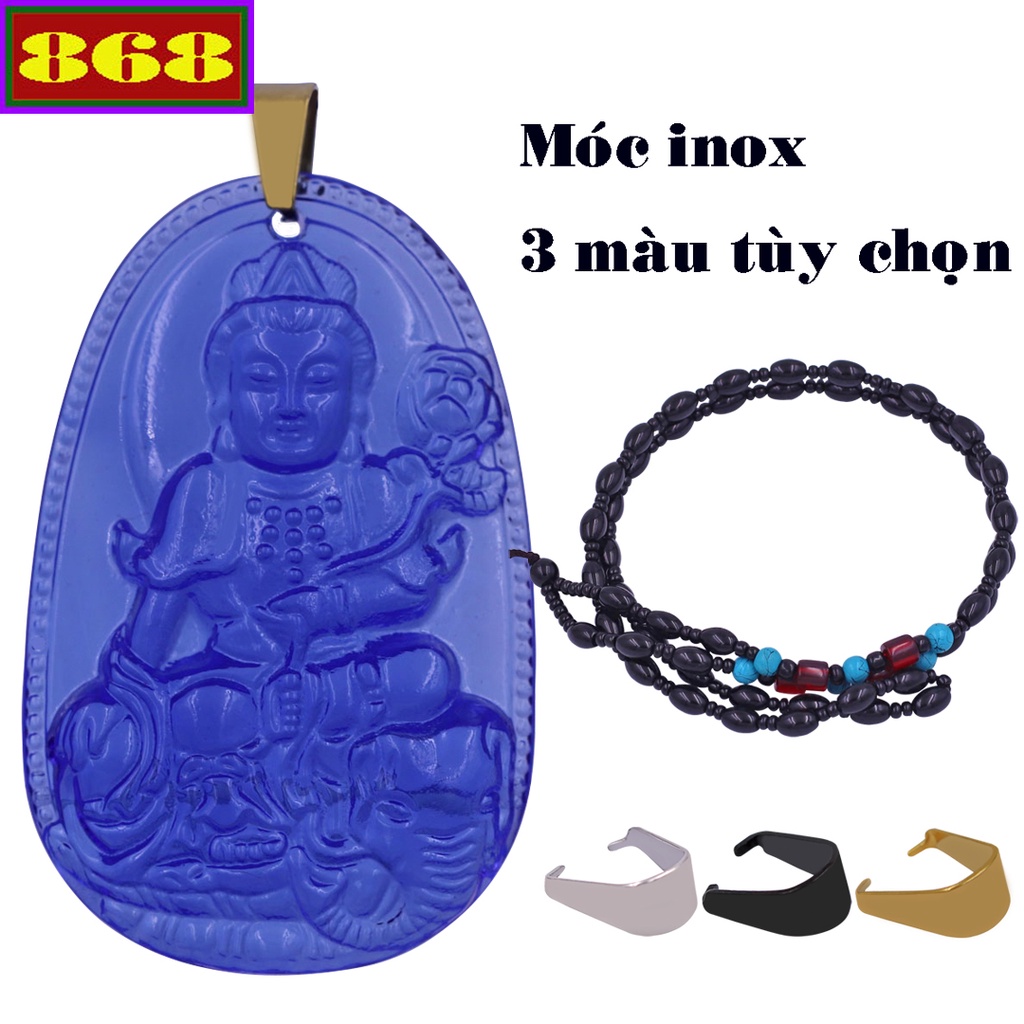 Vòng cổ mặt Phật tuổi Thìn, Tỵ - Dây hạt gạo đen Phổ hiền pha lê xanh dương VHGEFLXDB6 - Size phù hợp cho nam và nữ