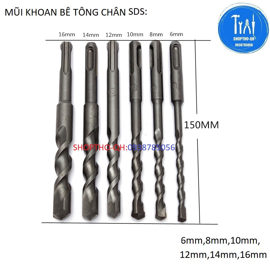 Mũi Khoan Bê Tông Chuyên Dụng Đầu Gài dài 150mm Phi 6mm-16mm.