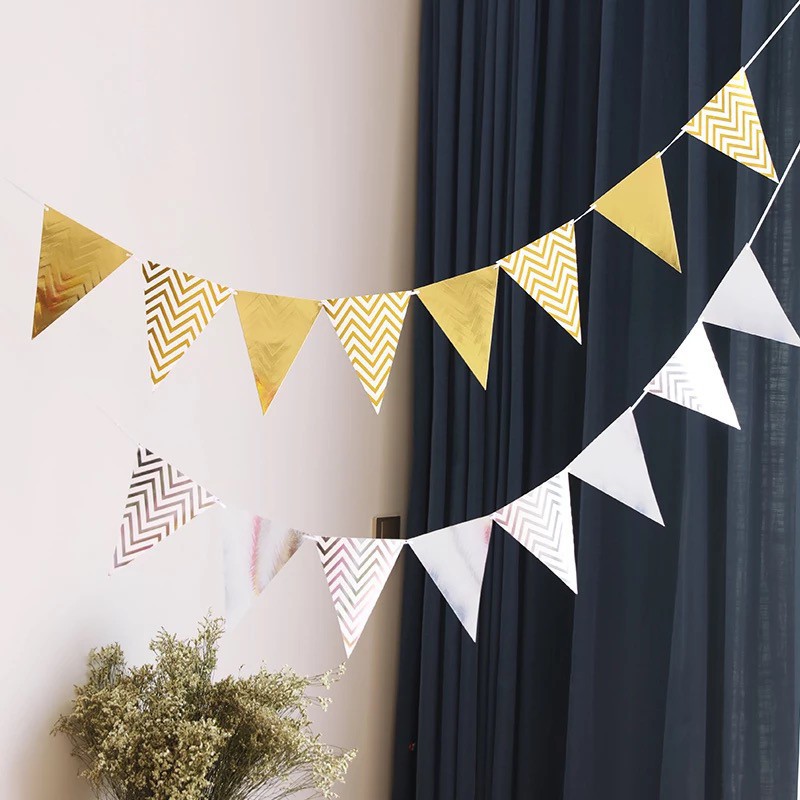 Dây cờ tam giác ép kim nhũ Glitter Triangle Flag Pennant Banner Gold On A String Bunting Decroration For Party
