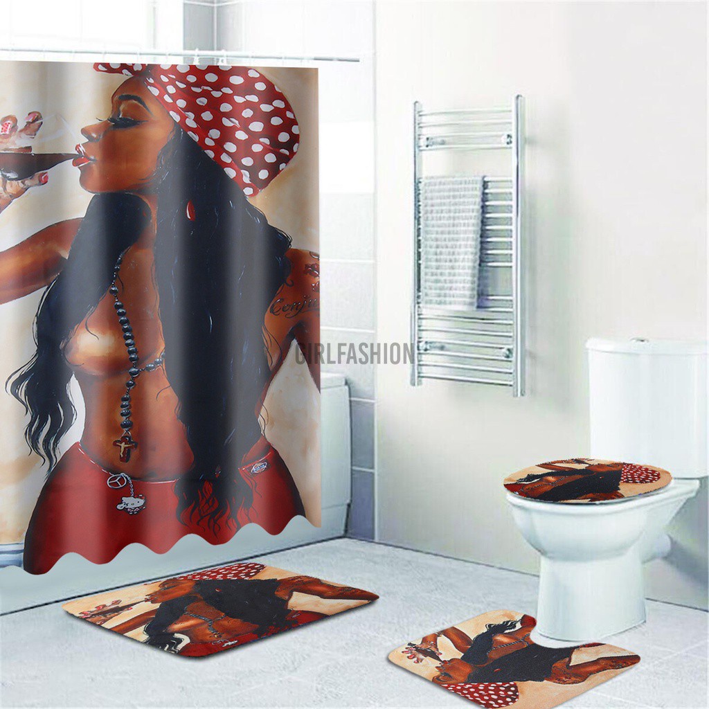 Shower Curtain Bath Pad Pedestal Rug Lid Toilet Cover African Woman Girl Beauty