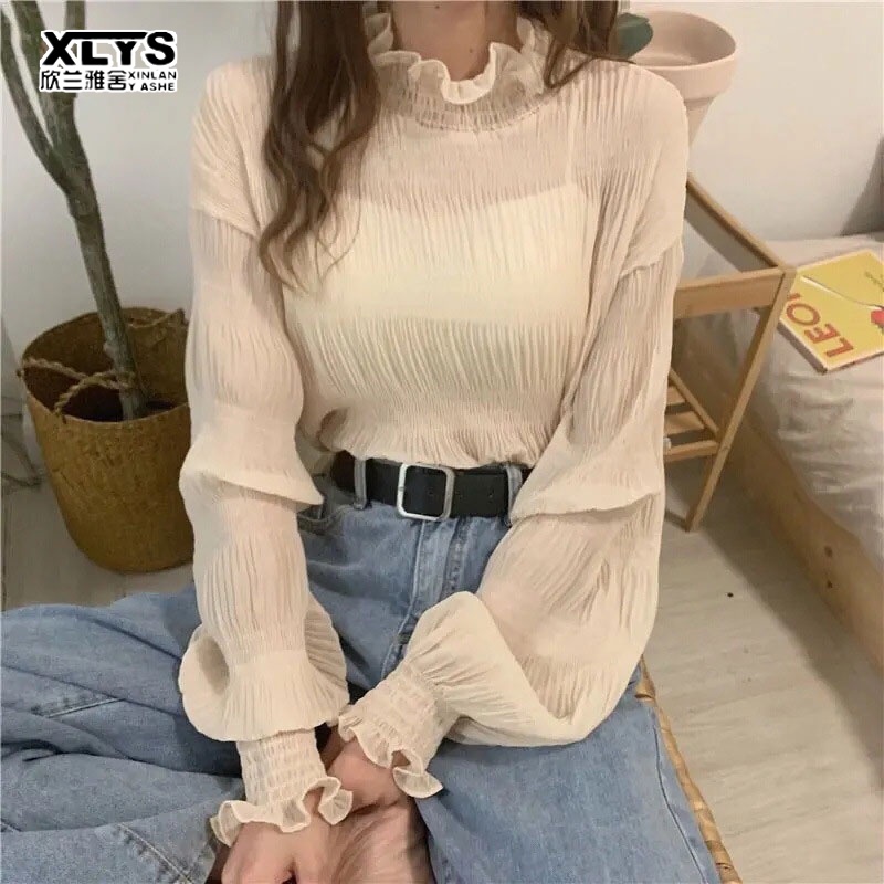 Xin LAN YA SHE Áo Lưới Mỏng Cổ Lọ Thời Trang Hàn Quốc Cho Nữ