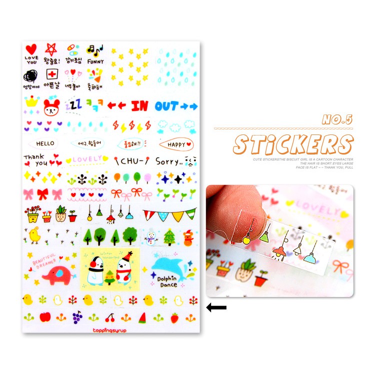 Bộ 6 tờ Sticker chữ, hình ngộ nghĩnh - Album DIY