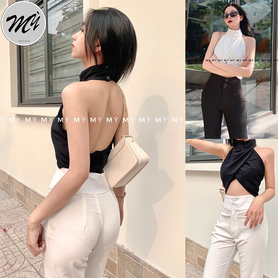 Áo Kiểu Hở Lưng Cổ Yếm Freesize Dưới 55kg Chất Đũi Nhăn Màu Đen  Phối Quần Ôm Ống Loe Chất Cotton Lanj