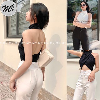 Áo Kiểu Hở Lưng Cổ Yếm Freesize Dưới 55kg Chất Đũi Nhăn Màu Đen (Gutop) Phối Quần Ôm Ống Loe Chất Cotton Lanj