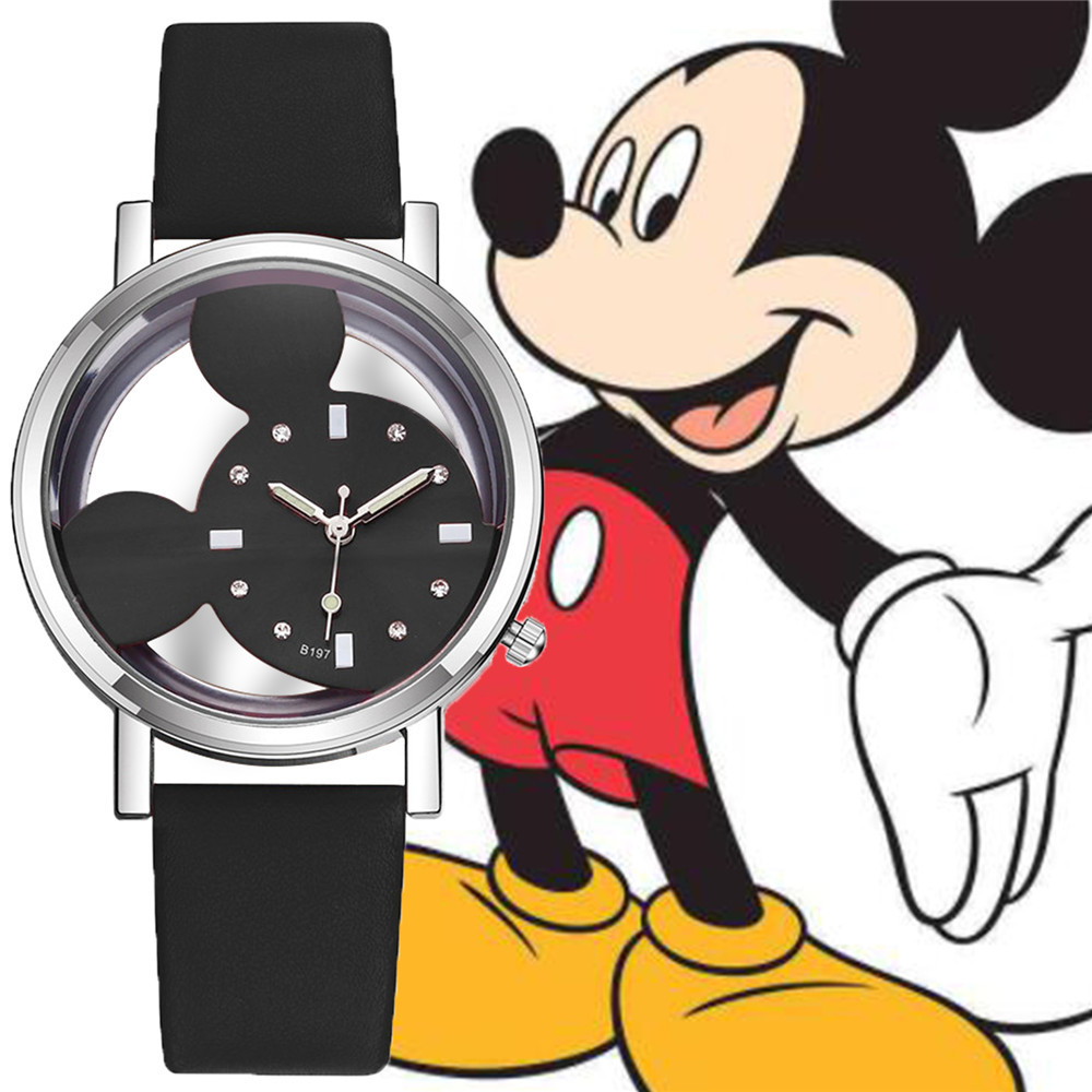 Bộ Đồng Hồ Đeo Tay Quartz Mặt Hình Chuột Mickey Cho Nữ