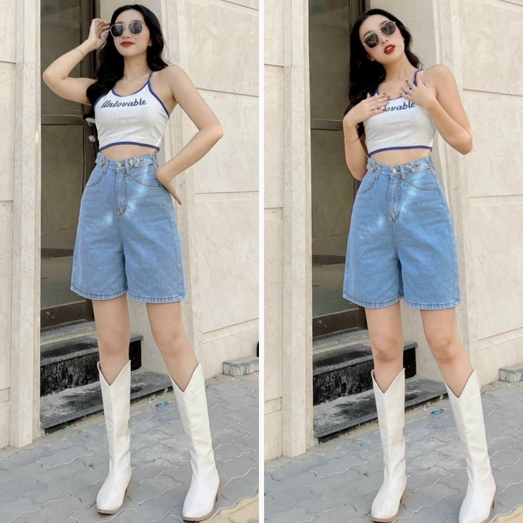 Quần Short Jean Ngố Nữ Ống Rộng 2 Back Lưng Cao Chất Bò Phong Cách Ulzzang Hàn Quốc 4 Màu - 441