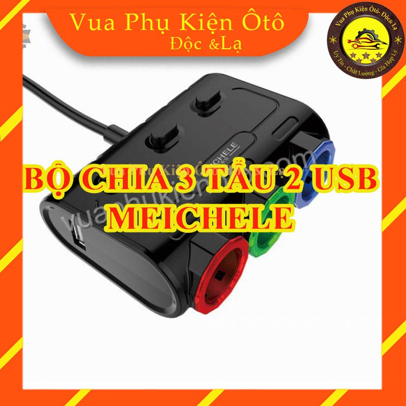 Bộ chia tẩu sạc 3 tẩu 2 USB Meichele có hiển thị điện áp