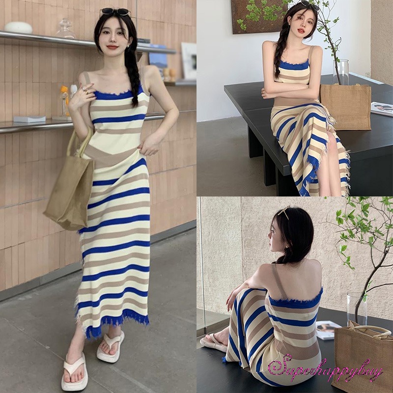 Đầm Hai Dây Ôm Dáng Họa Tiết Kẻ Sọc Màu Tương Phản Cho Nữ