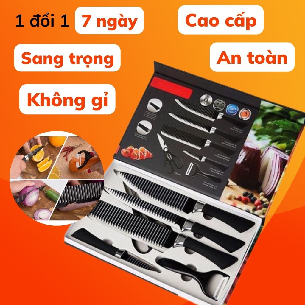 Bộ Dao Nhật Làm Bếp 6 Món Lưỡi Sóng Chất Liệu Hợp Kim Cao Cấp Thép Không Gỉ Chuyên Thái Lọc Thịt Gọt Hoa Quả - Có hộp