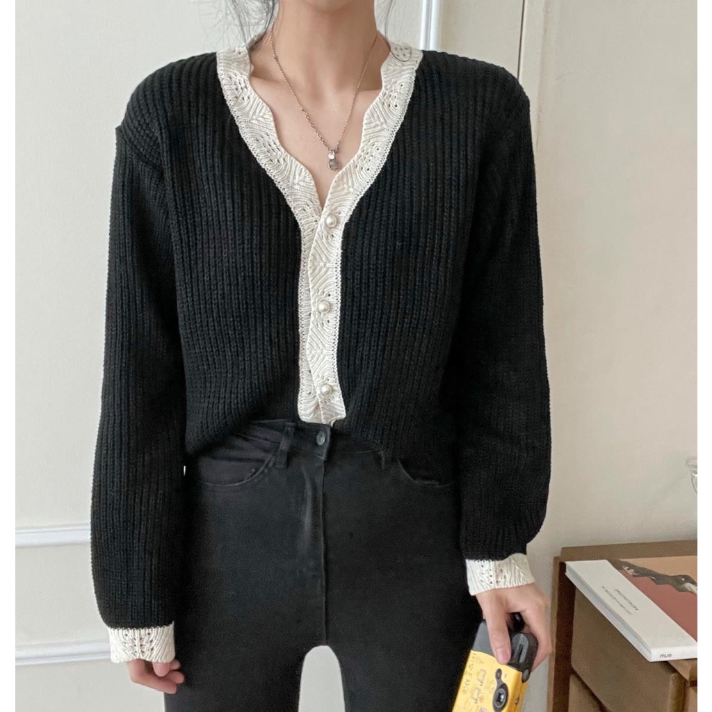 Áo khoác cardigan dệt kim tay dài cổ chữ V phối hàng nút thời trang cá tính 45439