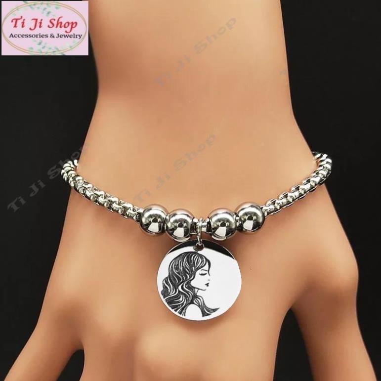 LẮC TAY NỮ INOX GẮN CHARM TRÒN - trắng, đẹp, không đen, KHẮC THEO YÊU CẦU