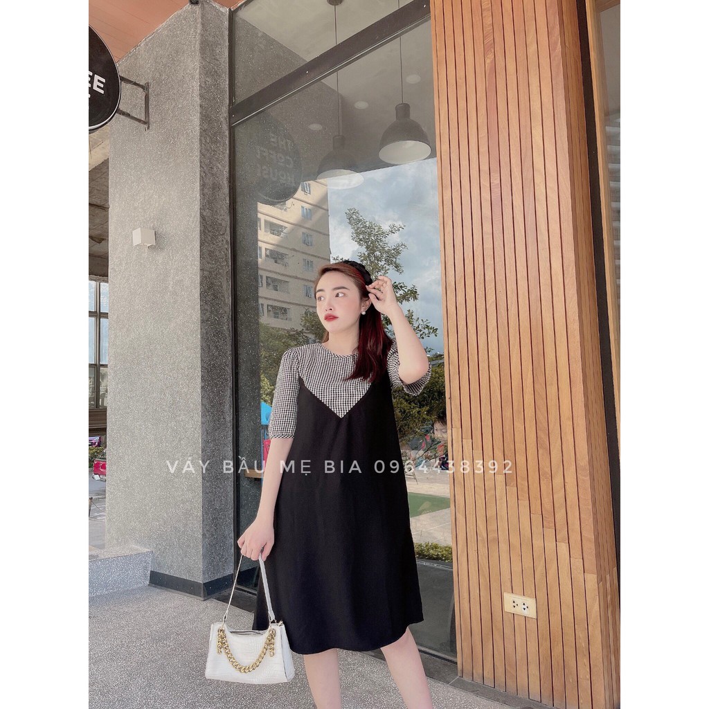 Váy bầu bigsize - Đầm bầu thiết kế GuMe màu đen phối  kẻ caro đen tay lỡ chất vải sạn lụa size từ 40-100kg MB250