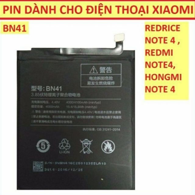 Pin Xiaomi Redmi note 4 / BN41 zin bảo hành 3 tháng đổi mới