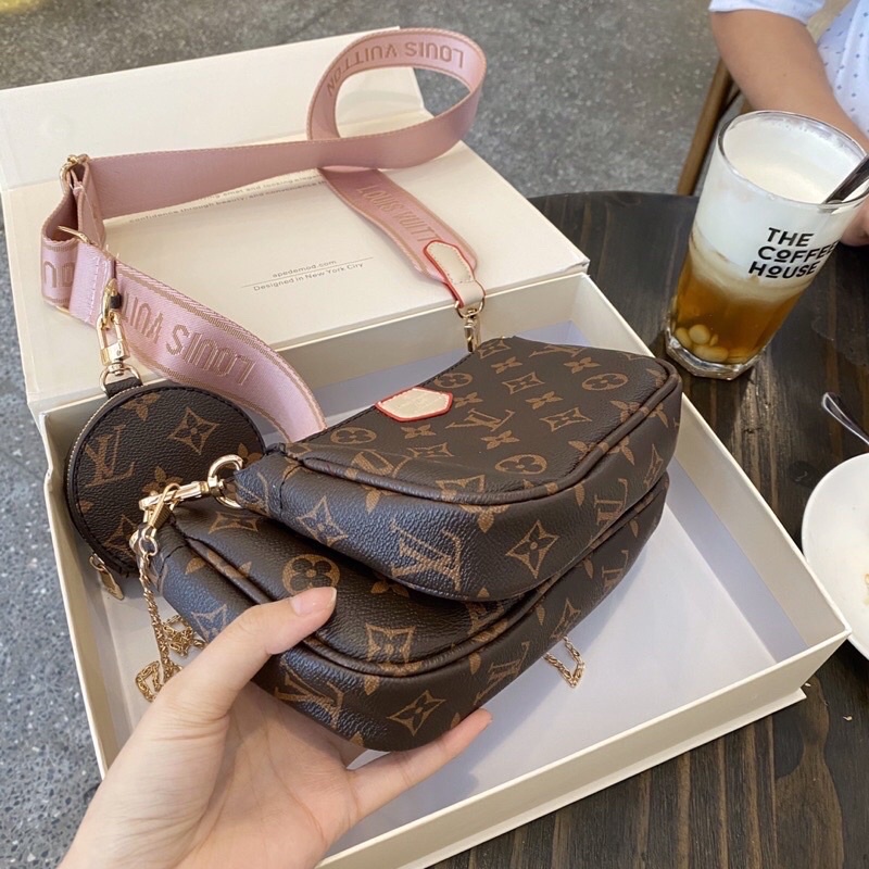 Set túi xách 3 món, combo túi đeo chéo L.V dây đeo canvas thêu chữ chất da mềm mịn bên trong lót dù hàng VNXK