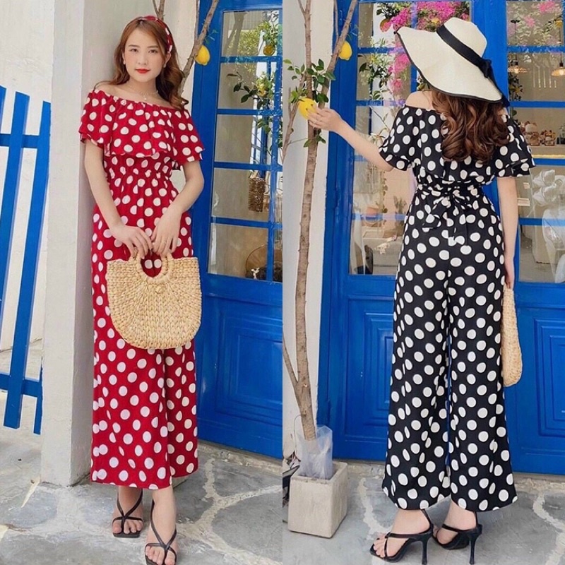 jumpsuit trễ vai eo thun chấm bi bao xinh