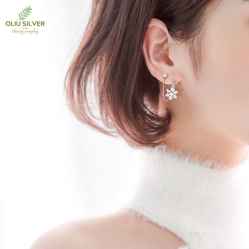 Bông Tai Bạc S925 Hoa Tuyết Hai Lỗ Xỏ Đính Đá Zircon Trẻ Trung Cá Tính | Khuyên Tai Nữ Trang Sức Bạc Thời Trang
