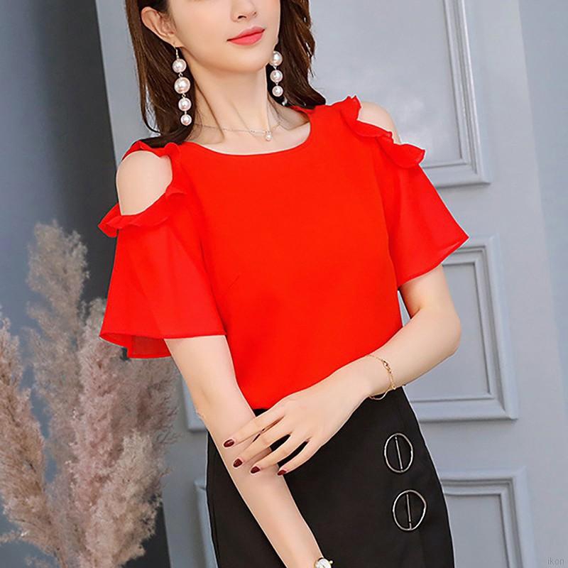 Áo kiểu tay ngắn chất chiffon thiết kế khoét vai phối bèo thanh lịch dành cho nữ