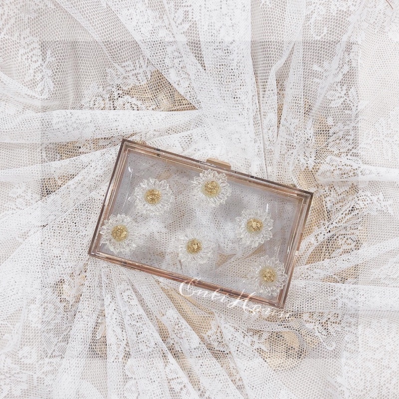 {HÀNG CÓ SẴN + ẢNH THẬT} TÚI HỘP TRONG SUỐT HOA CÚC - TÚI XÁCH NỮ CẦM TAY CLUTCH ĐI TIỆC