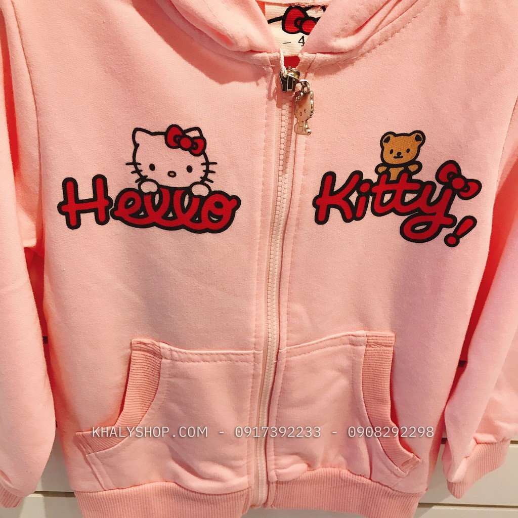 Áo khoác nón và dây kéo hình Mèo Hello Kitty màu hồng nhạt size số 4 cho bé gái 3,4 tuổi - AKKT2T