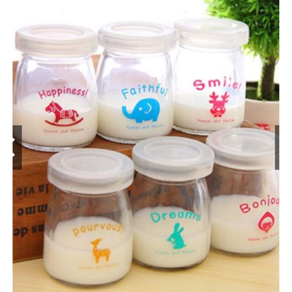#Giá hủy diệt# (Set 6 - 12) Lọ (hũ) làm sữa chua bằng thủy tinh loại 100ml trơn và có hình, nắp nhựa an toàn sức khỏe