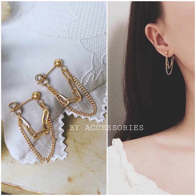 Bông tai titan xích kép vòng cung không gỉ