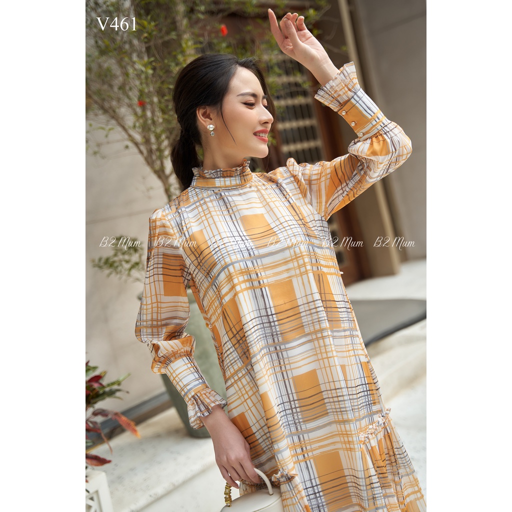 V461 Váy bầu tơ kẻ vàng uôi cá thiết kế dự tiệc công sở mùa thu  B2MUM
