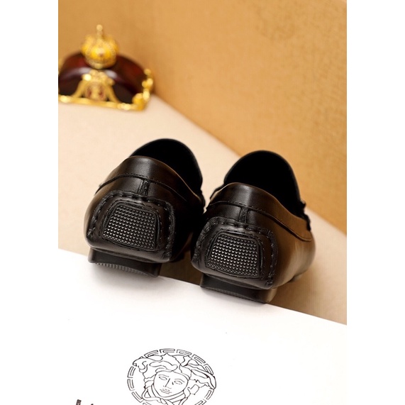 Giày lười nam da thật logo thương hiệu Versace cao cấp màu đen trơn