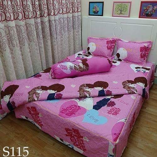 Bộ drap nệm 1 ga chun 2 vỏ gối nằm 45 x 65 cm mẫu cô dâu màu hồng