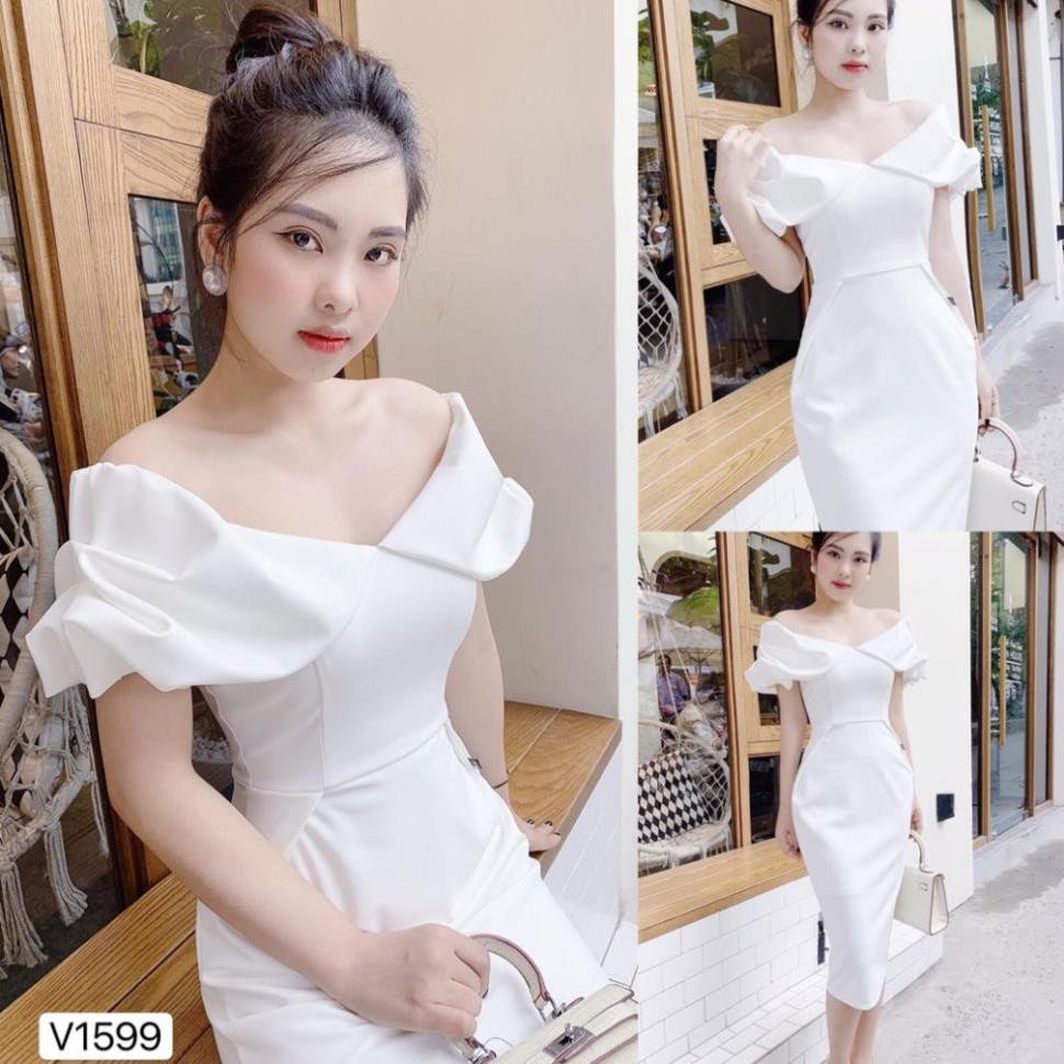 Váy trắng trễ bèo vai V1599 - ĐẸP SHOP DVC ( Ảnh mẫu và ảnh trải sàn do shop tự chụp )