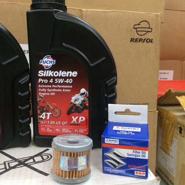 Combo Fuchs Silkolene Pro 4 5w-40 XP + Lọc Nhớt Suzuki To/Nhỏ Chính Hãng Indonesia