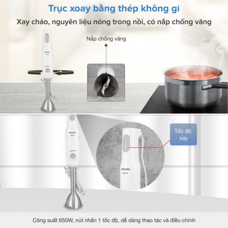 Máy Xay Sinh Tố Cầm Tay Philips Promix HR2534/00, 650W Thanh Kim Loại, Bảo Hành Chính Hãng 2 Năm